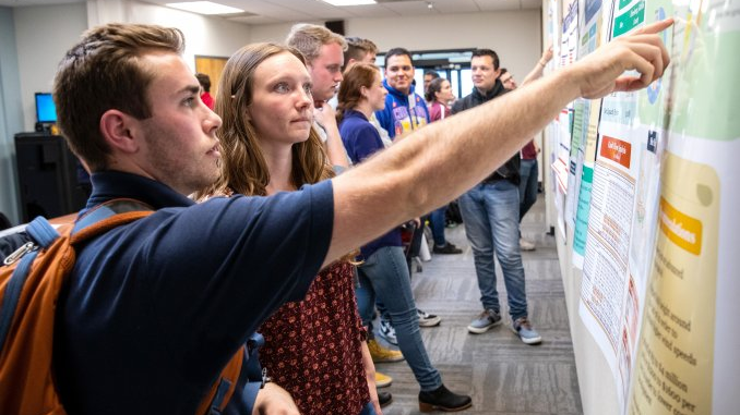 Participants from Collegiate Wind Competition 2019 present their research to the judges and their peers from other universities. Photo courtesy of Werner Slocum, NREL