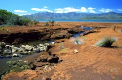 A creek showing iron oxides and nickel deposits in New Caledonia. Photo credit Bananaflo, Wikimedia Commons A creek showing iron oxides and nickel deposits in New Caledonia. Photo credit Bananaflo, Wikimedia Commons