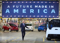 President Biden visits GM&apos;s Factory Zero in Michigan last year. Image credit General Motors Co.