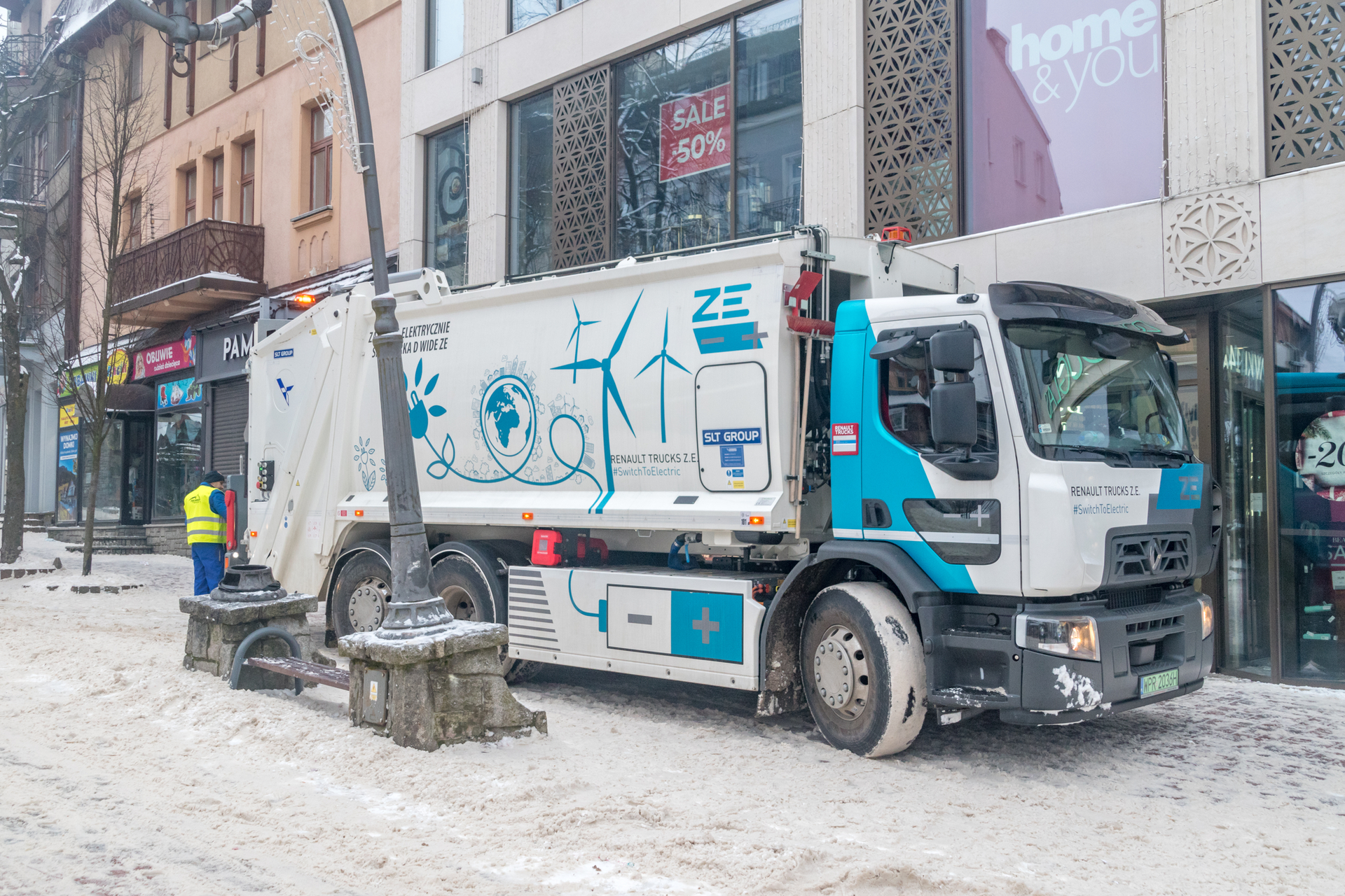 An electric garbage collection vehicle in Poland.