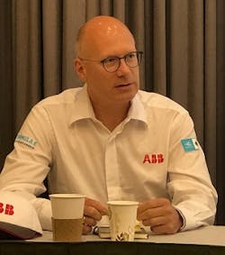 ABB&apos;s Frank Muehlon makes a point during a pre-race chat with trade journalists. Image credit Rod Walton