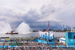 A view of the crowd and NYC backdrop during Saturday&apos;s race. Image credit Formula E and ABB.