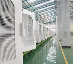 A line of Cubes battery modules at a factory. A line of Cubes battery modules at a factory.