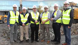 From left, Thomas Messervey, R2M Solutions, GEOFIT coordinator; Luis M. Blanes, University of Galway GEOFIT Project Manager; Professor Ciarán Ó hÓgartaigh, President of University of Galway; Assistant Professor Dr Marcus M. Keane, College of Science and Engineering; Michael Curran, Head of Building Services, Energy and Utilities, University of Galway; and Dr Tiernan Henry, Assistant Professor on Hydrogeology, School of Natural Sciences. Credit – Aengus McMahon.