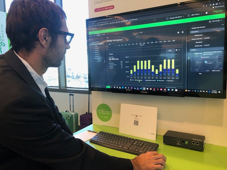 Matthieu Mounier, vice president for digital services at Schneider Electric, demonstrates his company&apos;s EcoStruxure Energy Hub functions in a display at the Innovation Summit event in the Las Vegas Resorts World.