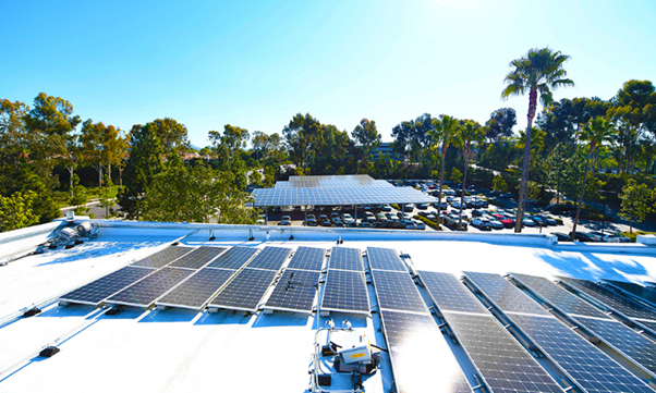 Innovation Drive Microgrid: 209-kW solar carport, 182-kW solar rooftop, 280-kW/538-kWh battery storage system, and 43 electric vehicle (EV) charging stations located at EDF Renewables&rsquo; headquarters in San Diego. Image credit PowerSecure