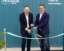 Hexagon Purus CEO Morten Holum, left, and Jim Harris, managing director, celebrate the ribbon cutting of the company's new hydrogen cylinder plant in Westminster late last week. Image credit Hexagon Purus. Hexagon Purus CEO Morten Holum, left, and Jim Harris, managing director, celebrate the ribbon cutting of the company's new hydrogen cylinder plant in Westminster late last week. Image credit Hexagon Purus.