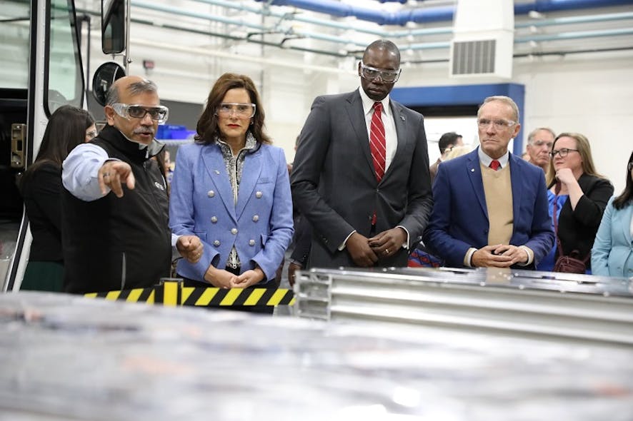 Mujeeb Ijaz, founder of Our Next Energy (far left), shows off the EV battery startup&apos;s facilities to Michigan Gov. Gretchen Whitmer and others recently. Image credit press@michigan.gov