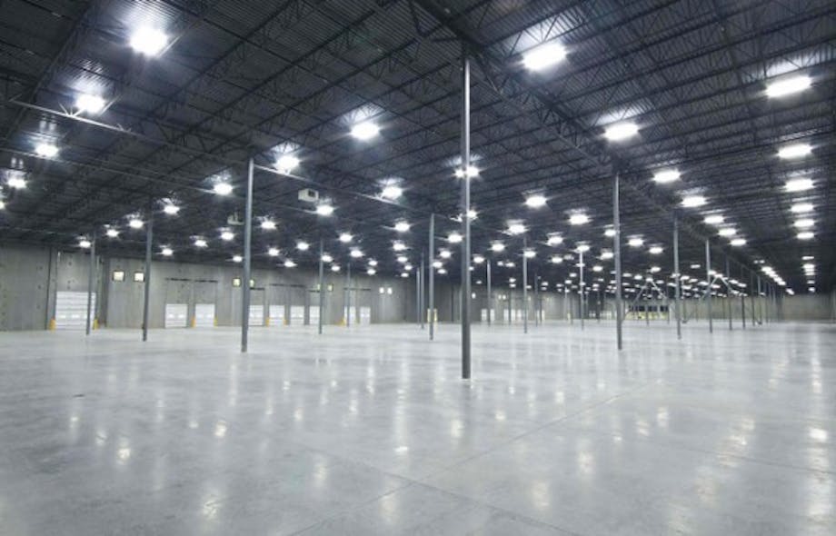 Empty warehouse, unrelated to Cintas, with LED lighting. Image credit Brda Electric, St. Louis, Mo.