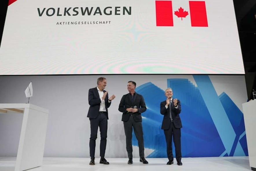Volkswagen CEO Oliver Blume, left, celebrates with company and Canadian government officials at unveiling of plans for the PowerCo electric vehicle battery cell plant in St. Thomas, Ontario. Photo credit Volkswagen