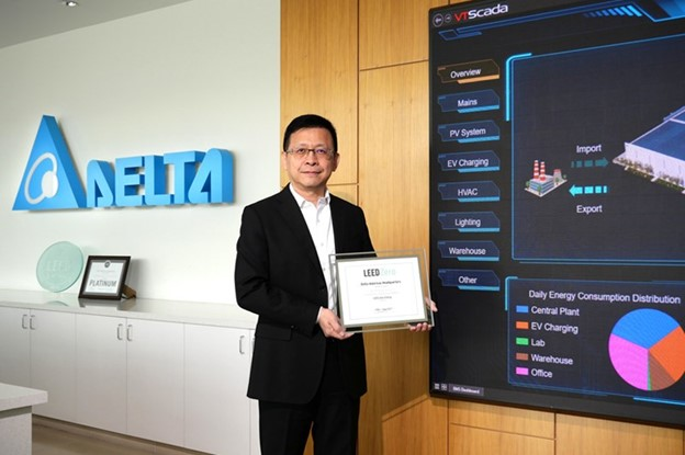 Kelvin Huang, president of Delta Electronics Americas, shows the company's LEED Zero Energy certification for the energy work done at the Americas HQ in California. Image credit Delta