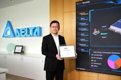 Kelvin Huang, president of Delta Electronics Americas, shows the company's LEED Zero Energy certification for the energy work done at the Americas HQ in California. Image credit Delta Kelvin Huang, president of Delta Electronics Americas, shows the company's LEED Zero Energy certification for the energy work done at the Americas HQ in California. Image credit Delta