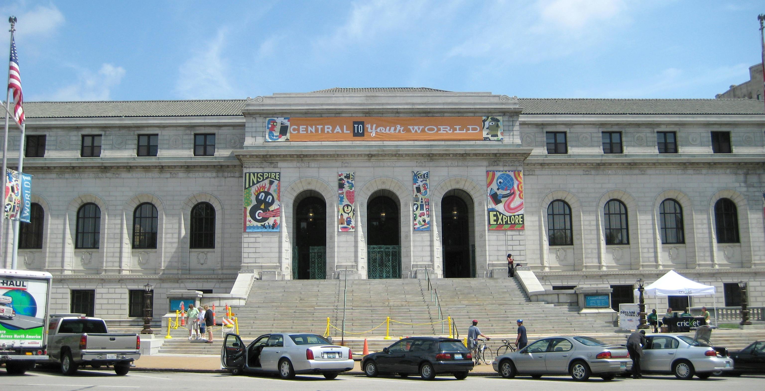 Frontage shot of Central Library in St. Louis. Image credit Garfield 226 courtesy Wikimedia Commons
