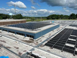 Aerial view of the rooftop solar at North Stafford High School. Image credit Julia Brewster, North Stafford and MEI Aerial view of the rooftop solar at North Stafford High School. Image credit Julia Brewster, North Stafford and MEI