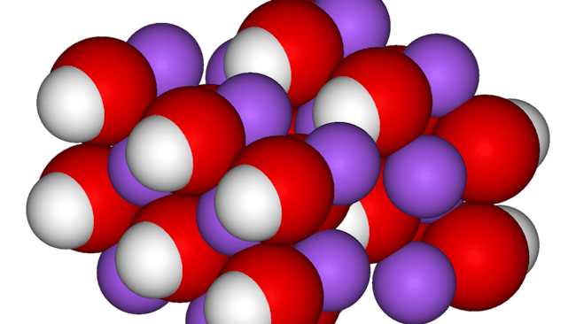 Spacefill model of sodium hydroxide. Public domain, courtesy Wikimedia Commons