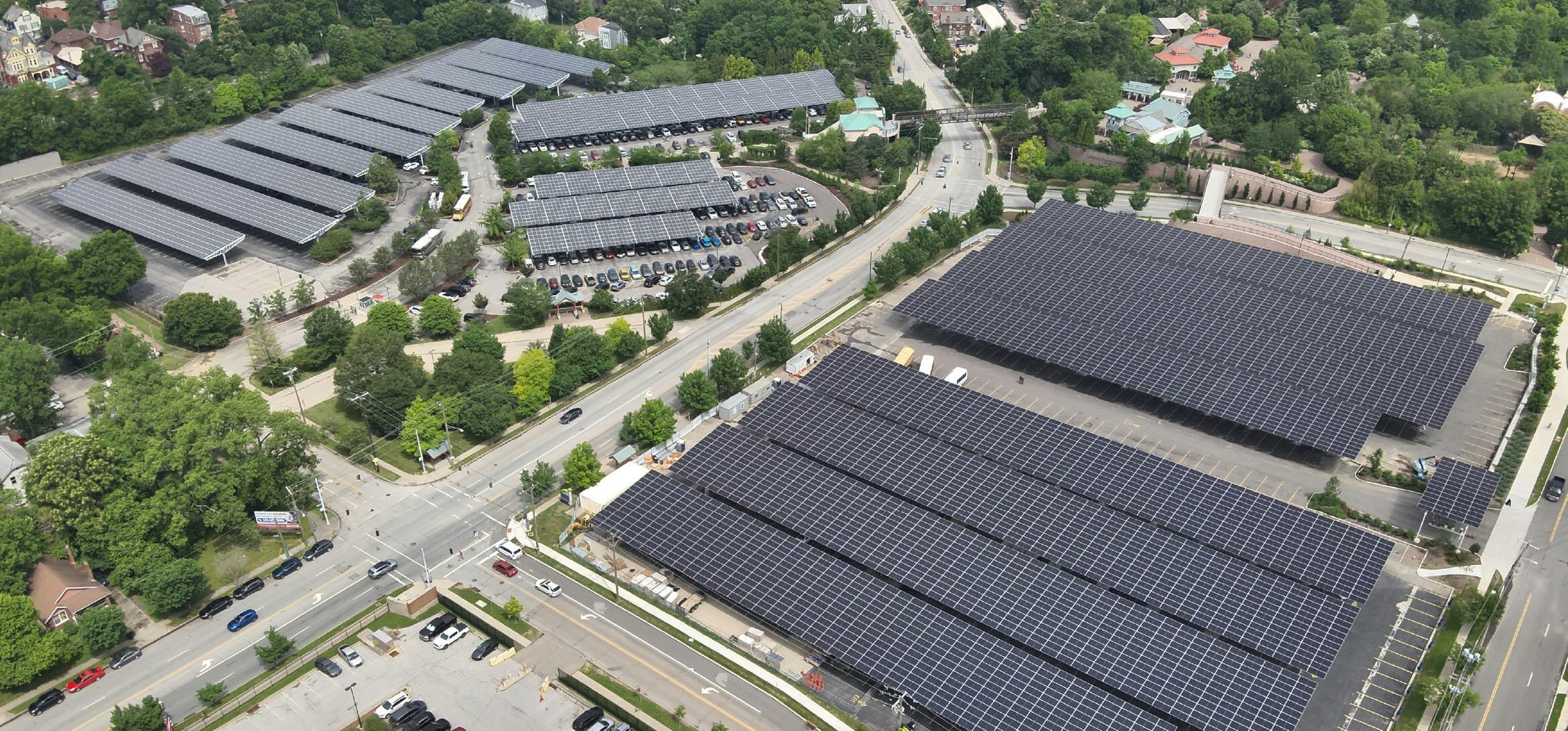 Aerial view of rooftop solar at Cincinnati Zoo and carport. Image credit TerraSmart