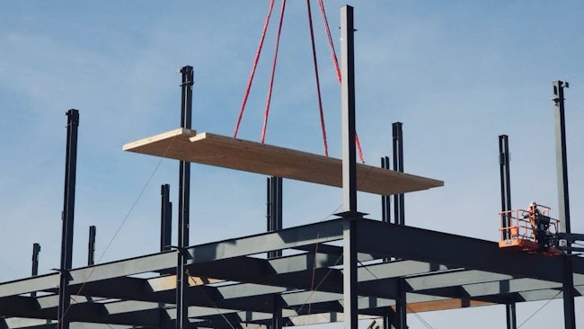 Cross laminated timber being installed along steel beams at Microsoft's new data center construction in Virginia. Image credit Microsoft.com