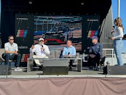 From left, test driver David Ragan, ABB's Chris Shigas, Brandon Thomas, NASCAR's VP of vehicle design, and a representative from tire supplier Goodyear talk about the future of electric vehicles and the EV prototype in Phoenix. Image credit Rod Walton From left, test driver David Ragan, ABB's Chris Shigas, Brandon Thomas, NASCAR's VP of vehicle design, and a representative from tire supplier Goodyear talk about the future of electric vehicles and the EV prototype in Phoenix. Image credit Rod Walton