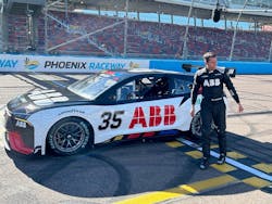 EV prototype test driver David Ragan steps out of the No. 35 car after it made a lengthy test run on the Phoenix Motor Speedway track. Image credit Rod Walton EV prototype test driver David Ragan steps out of the No. 35 car after it made a lengthy test run on the Phoenix Motor Speedway track. Image credit Rod Walton