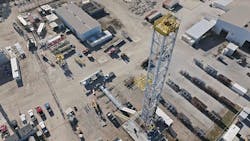 Aerial view of a drilling rig from Nabors Industries where Quaise Energy is installing millimeter wave capabilities. Work at Nevada Gold Mines will require a similar setup to develop deep geothermal energy onsite. Image credit Quaise Energy Aerial view of a drilling rig from Nabors Industries where Quaise Energy is installing millimeter wave capabilities. Work at Nevada Gold Mines will require a similar setup to develop deep geothermal energy onsite. Image credit Quaise Energy