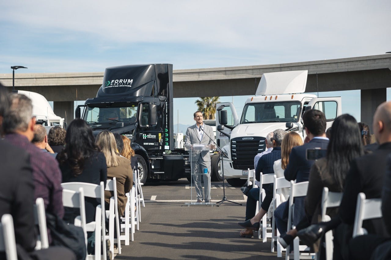 Matt LeDucq, CEO and co-founder of Forum Mobility, speaks during the event celebrating the FM Harbor EV charging complex at the Port of Long Beach. Image credit Forum Mobility.