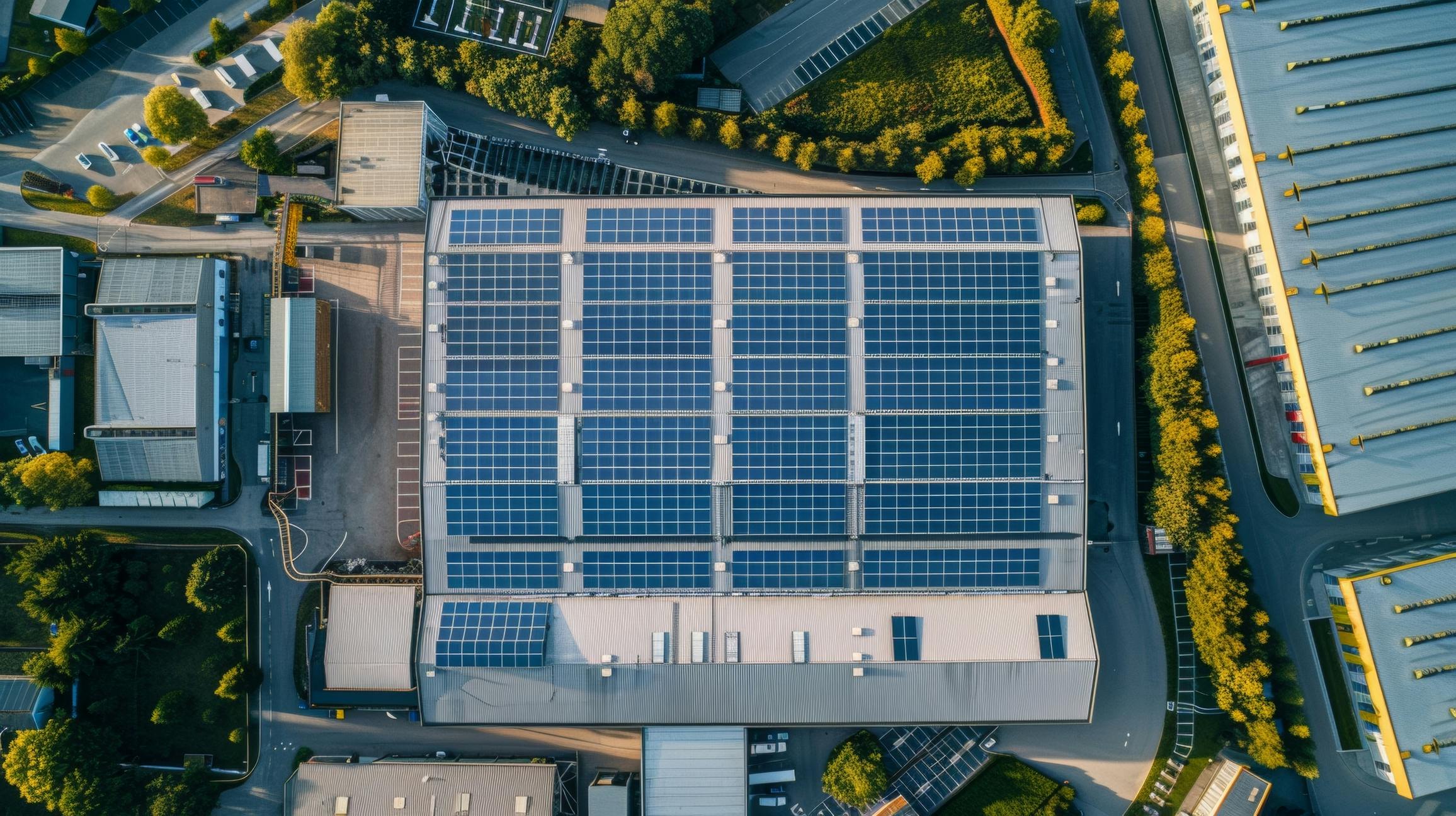 Aerial of another industrial plant with rooftop solar. Image credit ID 316166306 &copy; Alphaspirit | Dreamstime.com