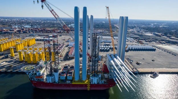 Ship loading turbine components for Coastal Virginia Offshore Wind. Image credit Dominion Energy