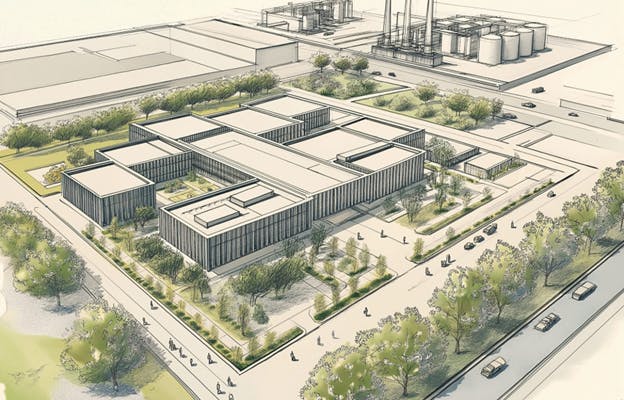 Concept design of the Texas Critical Data Center project. Rendering credit New Era Energy & Digital