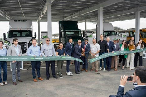 Leaders from Greenlane, Nevoya, Daimler Truck and other entities celebrated the opening of the electric truck charging station in Colton, California last year.