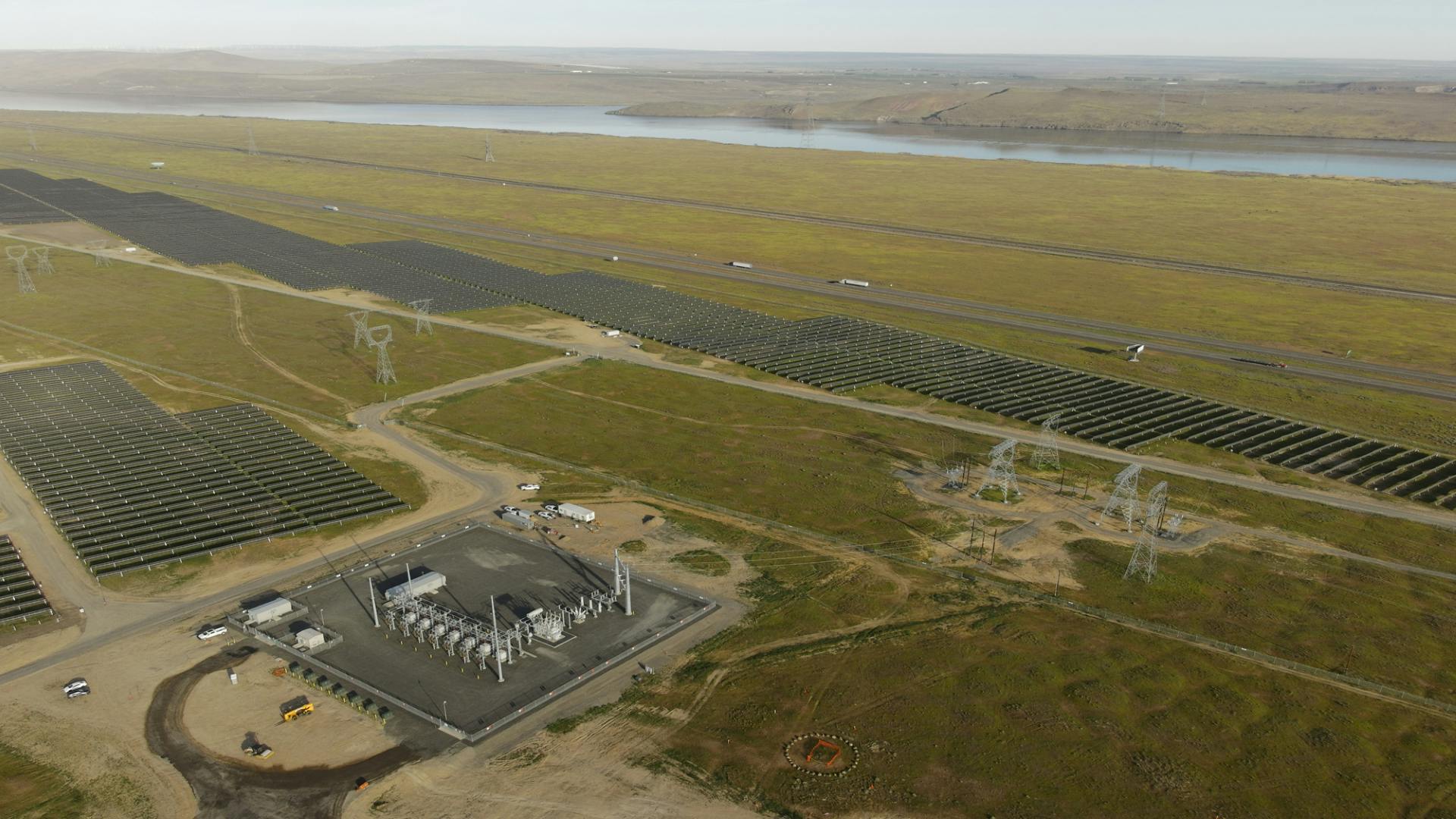 Aerial photo of Tower Solar project, showing solar array and substation.