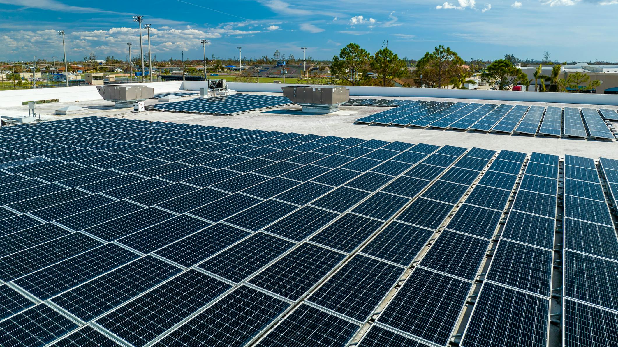 solar panels on commercial rooftop building