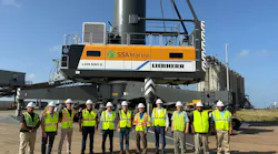 Representatives from SSA Marine, the Port of Gulfport and Chemours marking the Liebherr LHM 550 crane's arrival.