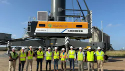 Representatives from SSA Marine, the Port of Gulfport and Chemours marking the Liebherr LHM 550 crane's arrival.