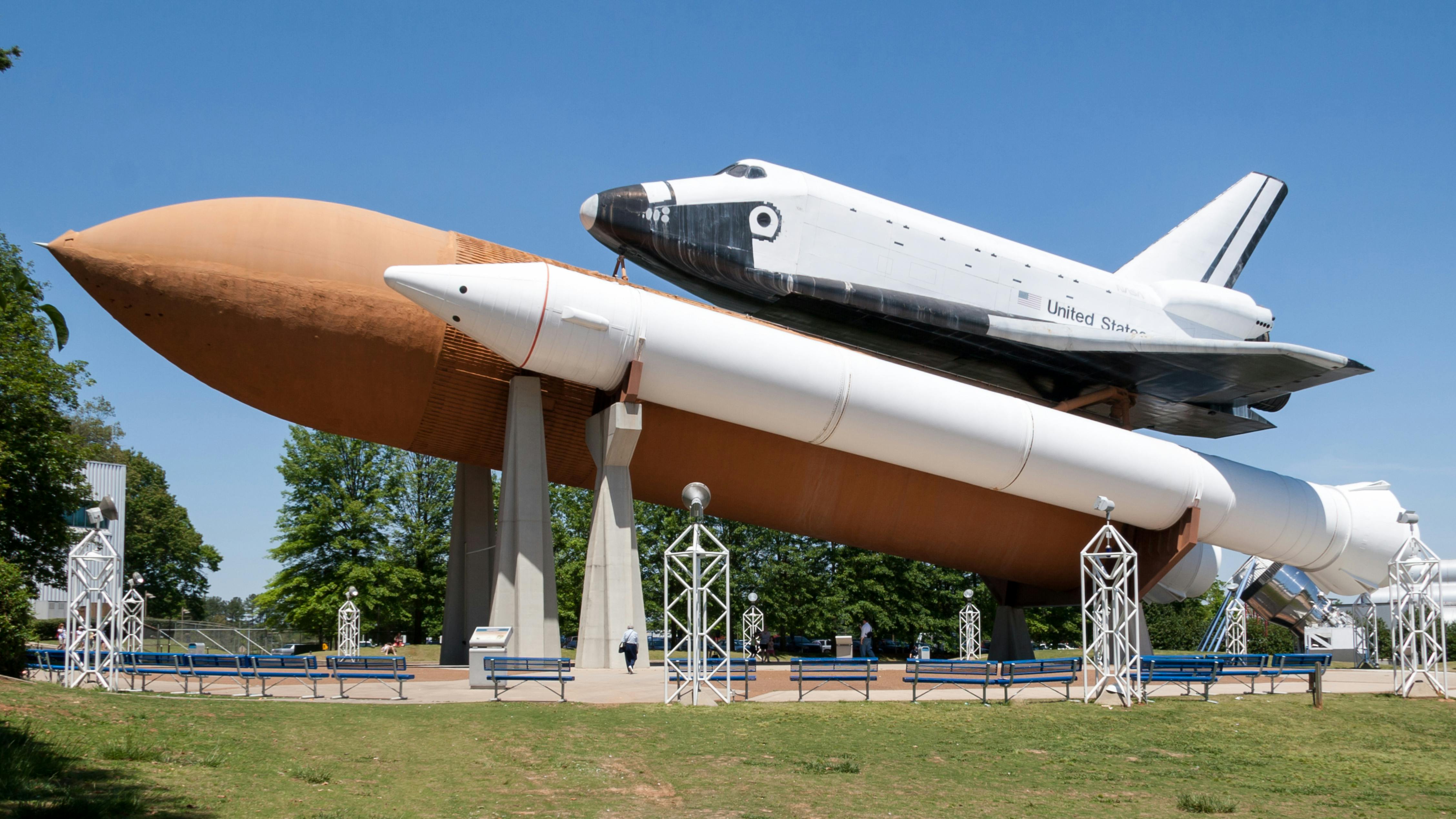 Space Shuttle and tanks on display at NASA's Marshall Space Flight Center in Huntsville, Alabama.
