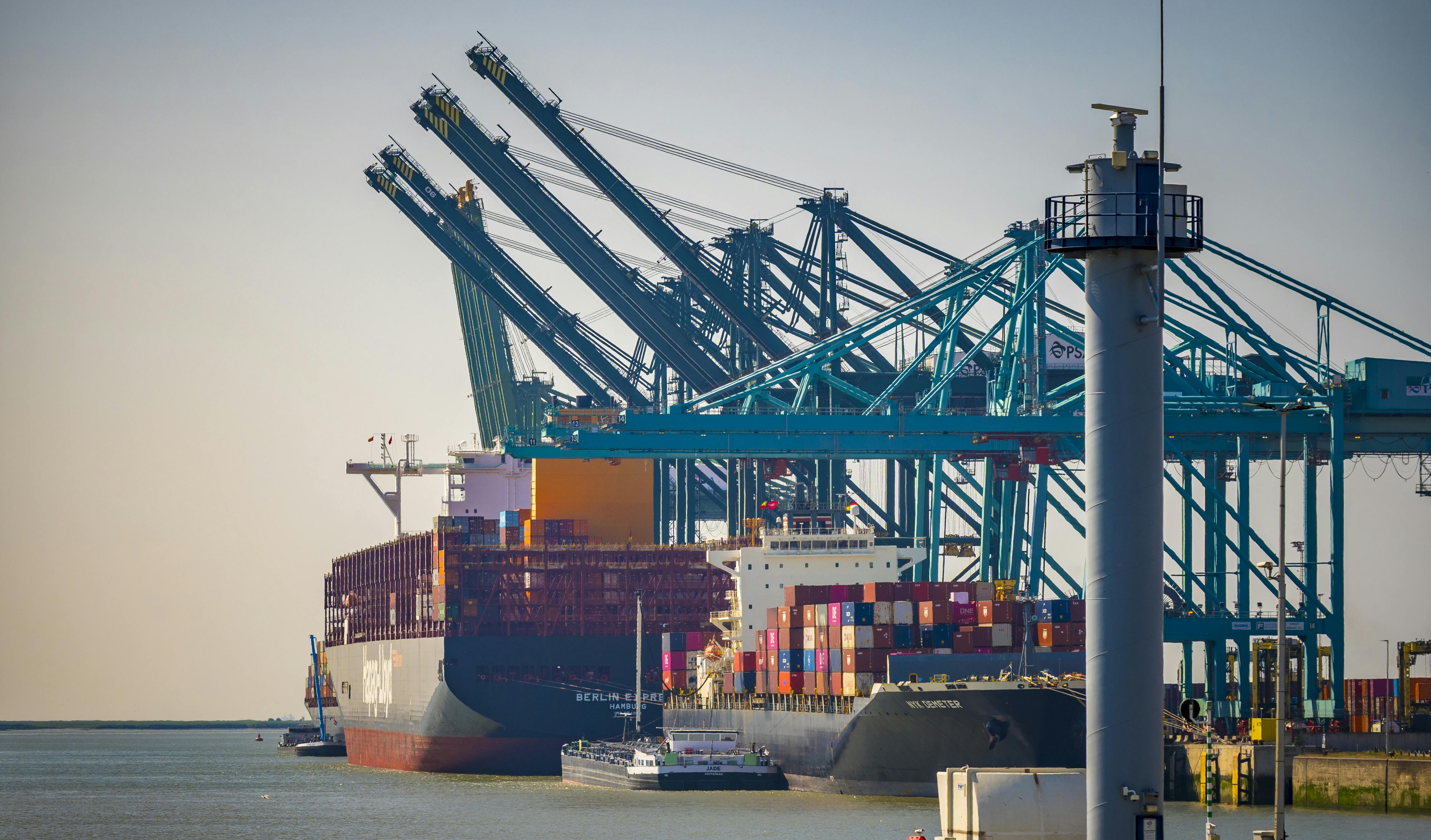 View on the cranes of PSA port operator Noordzee terminal in the port of Antwerp-Bruges, Belgium.