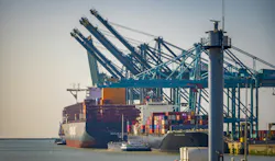 View on the cranes of PSA port operator Noordzee terminal in the port of Antwerp-Bruges, Belgium.