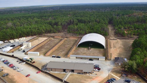 Aerial photo of specialized military training range complex at Fort Benning near Columbus, Georgia.