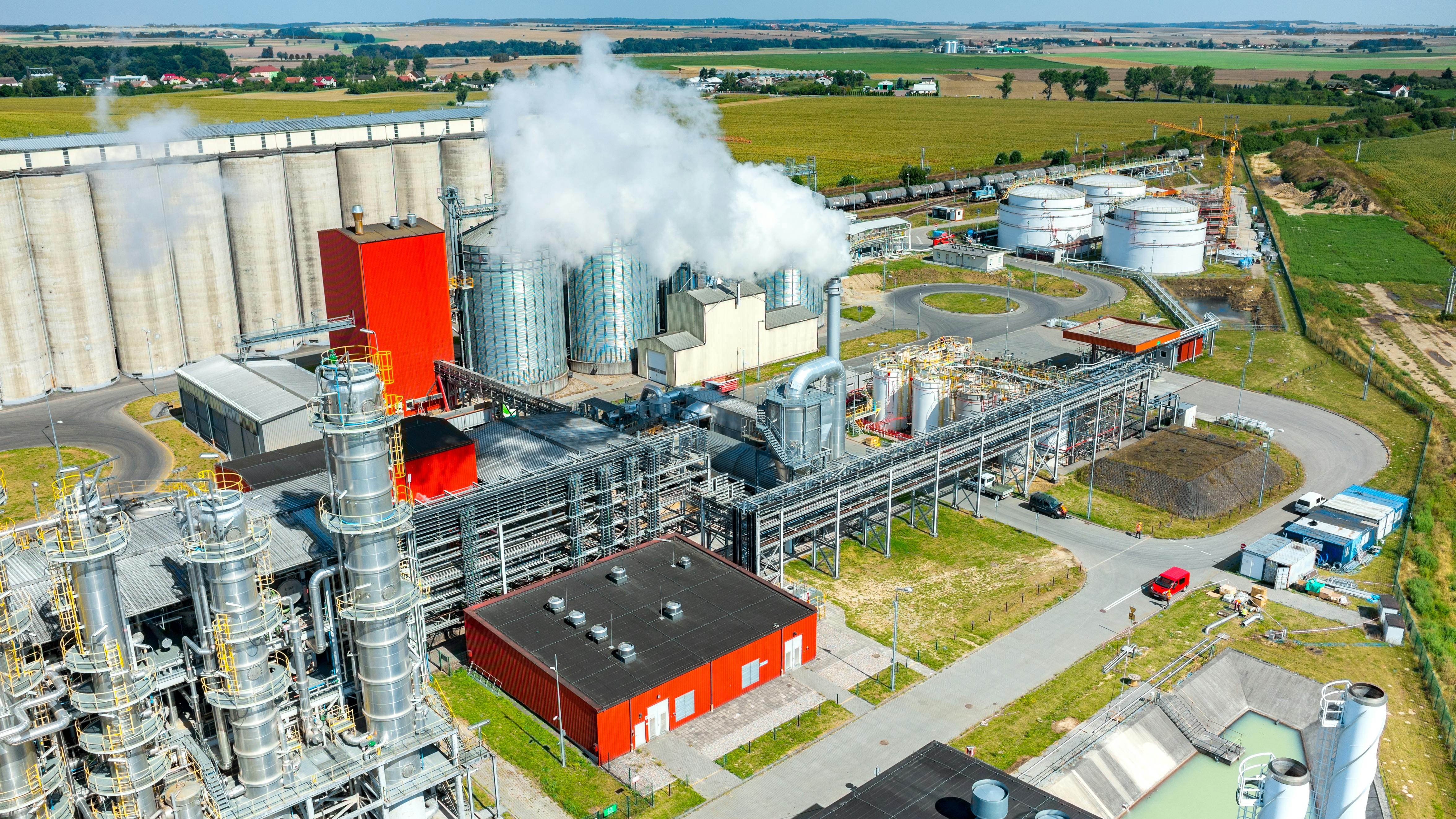 An aerial view of a modern biofuel factory.