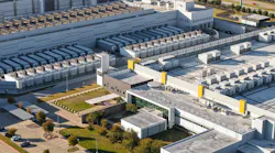 Aerial view of large scale data center campus with server and cooling units.